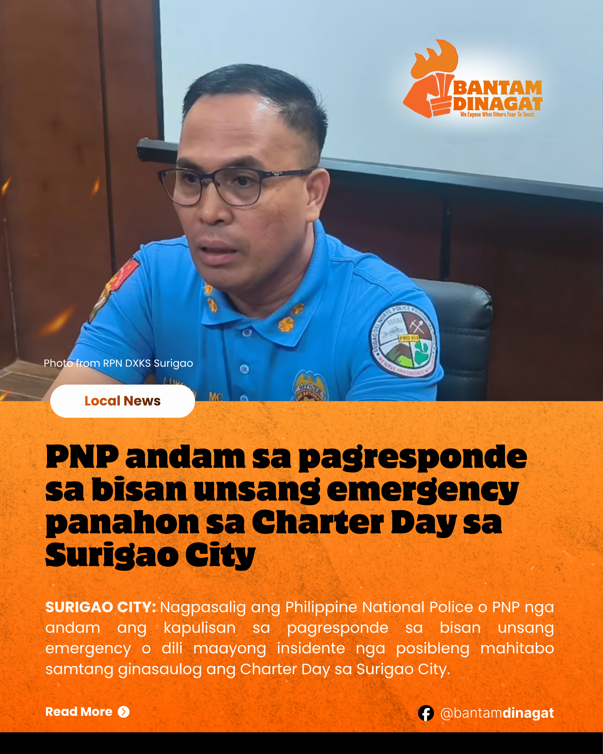PNP andam sa pagresponde sa bisan unsang emergency panahon sa Charter Day sa Surigao City
