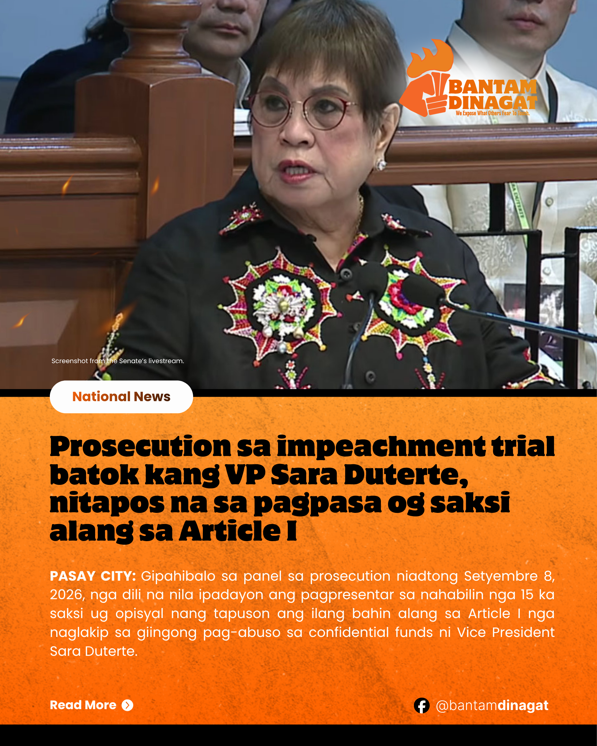 Prosecution sa impeachment trial batok kang VP Sara Duterte, nitapos na sa pagpasa og saksi alang sa Article I